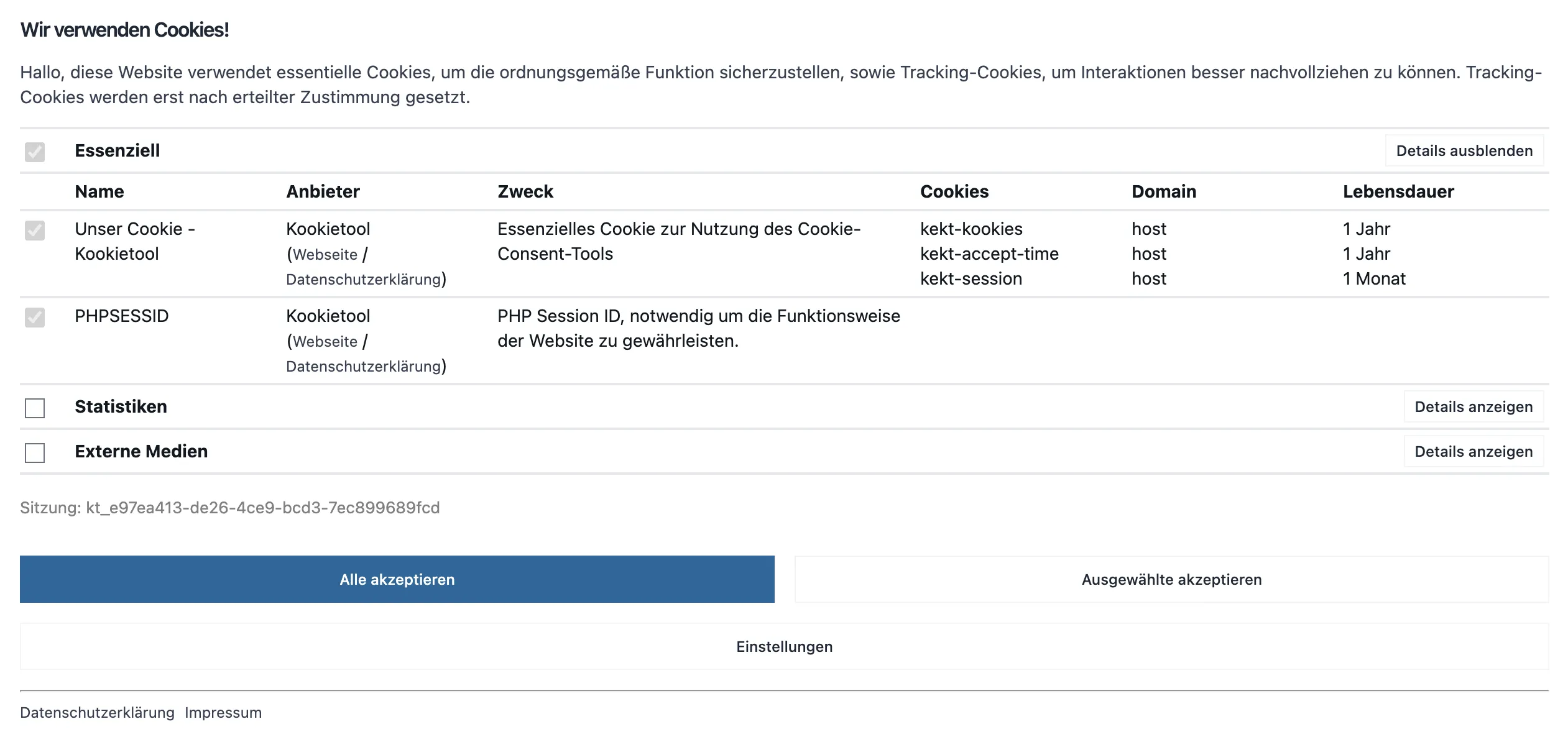 Kookietool Cookie-Banner mit Kategorien, Cookie-Details und Auswahlbuttons