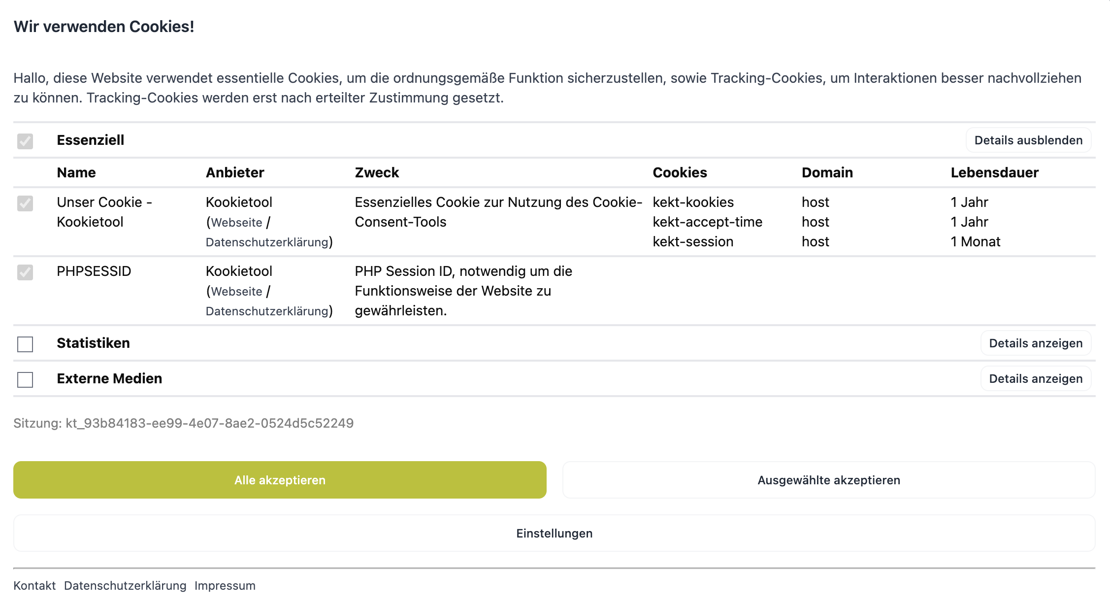 Kookietool Cookie-Banner mit Kategorien, Cookie-Details und Auswahlbuttons